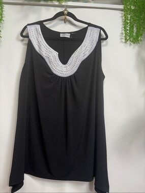 Avenue Black Tank Top with White Embellished V-Neck